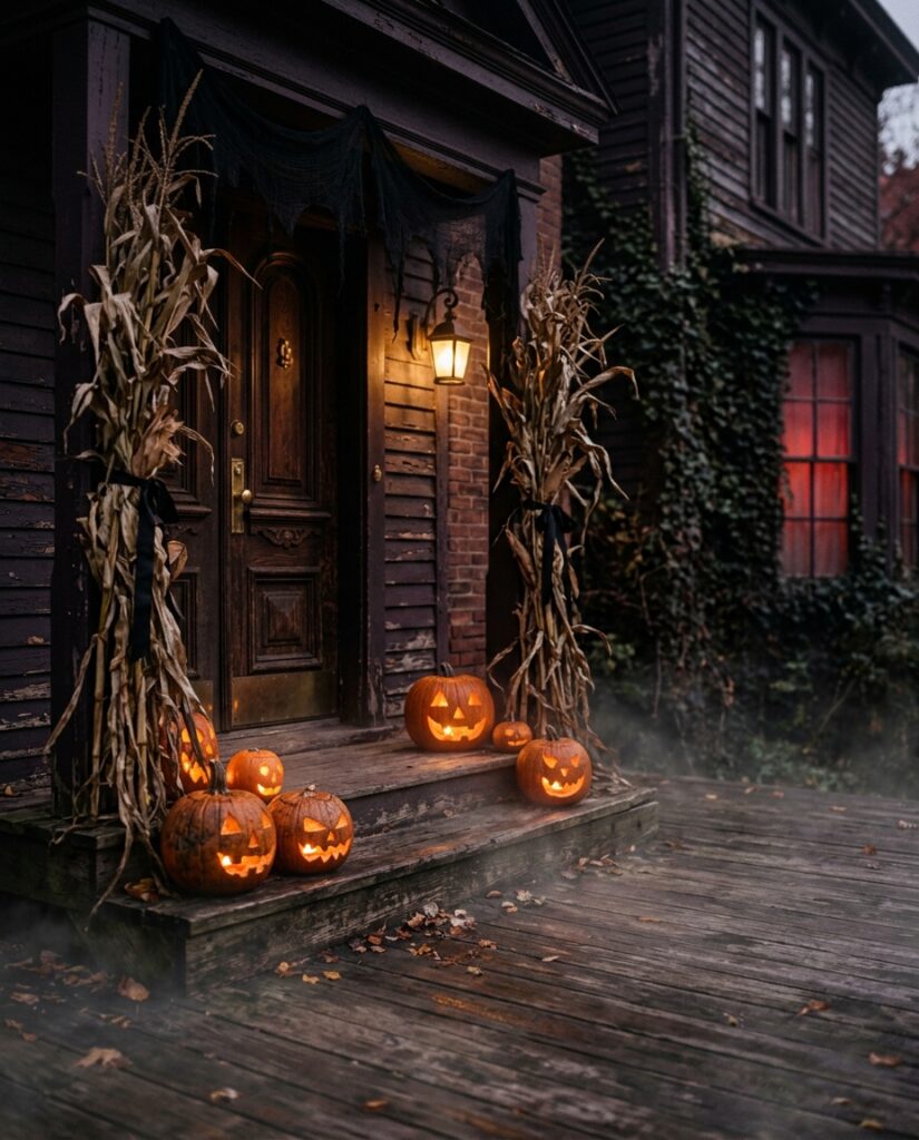 Carved jack-o-lanterns glowing on a dark Victorian porch decorated with dried corn stalks for Halloween