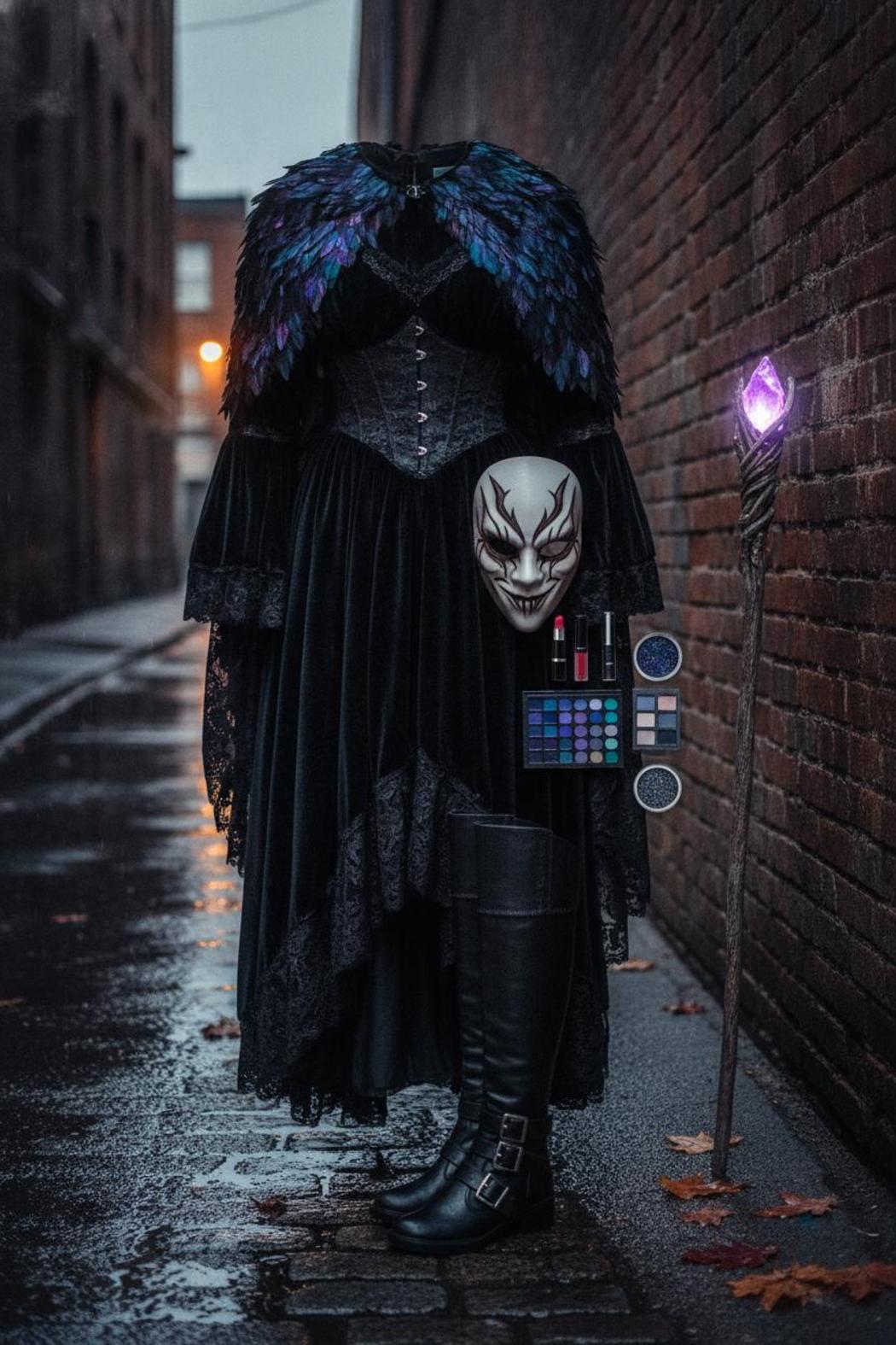 Woman in dramatic villain costume with dark makeup in foggy urban alley — halloween costume ideas for women 2026
