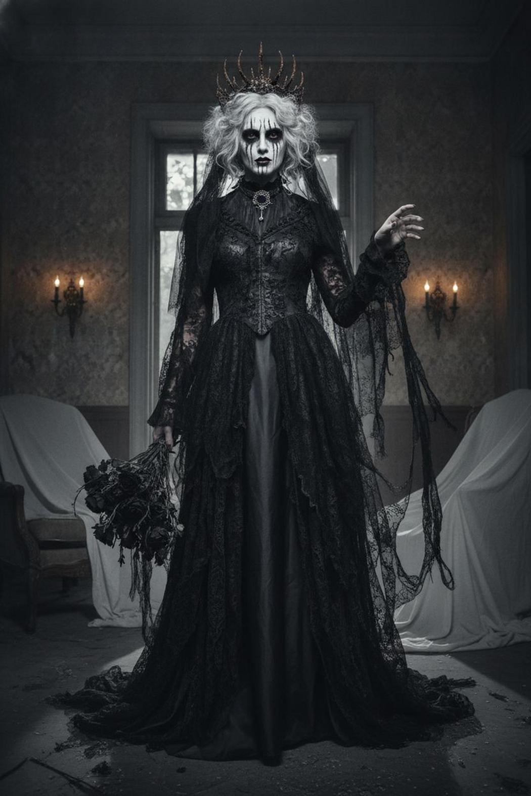 Woman in Victorian ghost costume with aged lace dress and pale makeup in haunted mansion — halloween costume ideas for women 2026