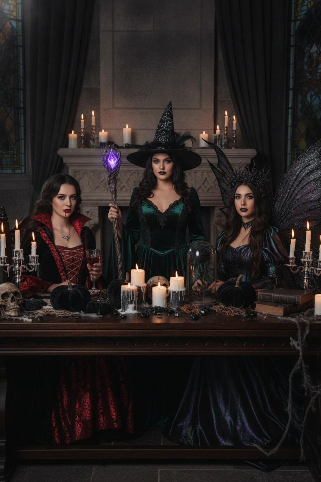 Three women showcasing halloween costume ideas for women 2026 as witch, vampire, and dark fairy at candlelit gothic party table