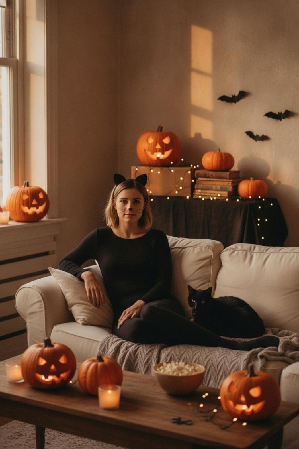 Woman in chic all-black cat costume — halloween costume ideas for women 2026 — posed in cozy pumpkin-lit living room.