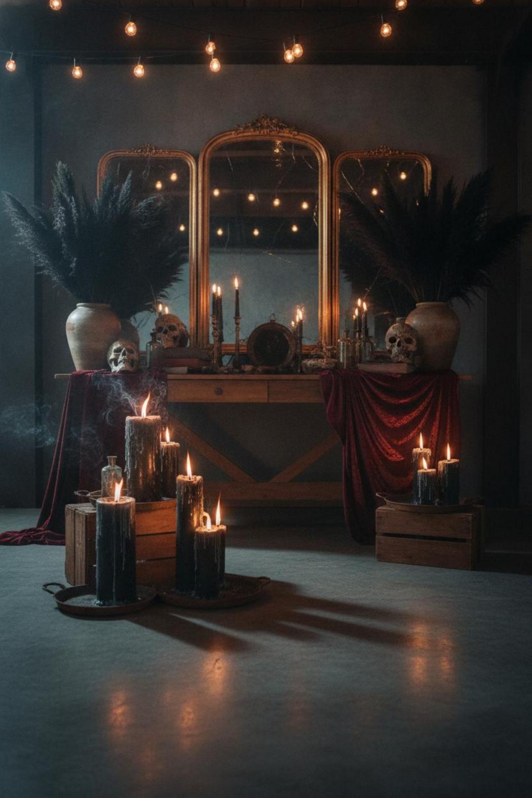 Elegant halloween party ideas for adults with black pillar candles, skull sculptures, and moody Edison lights in dark loft