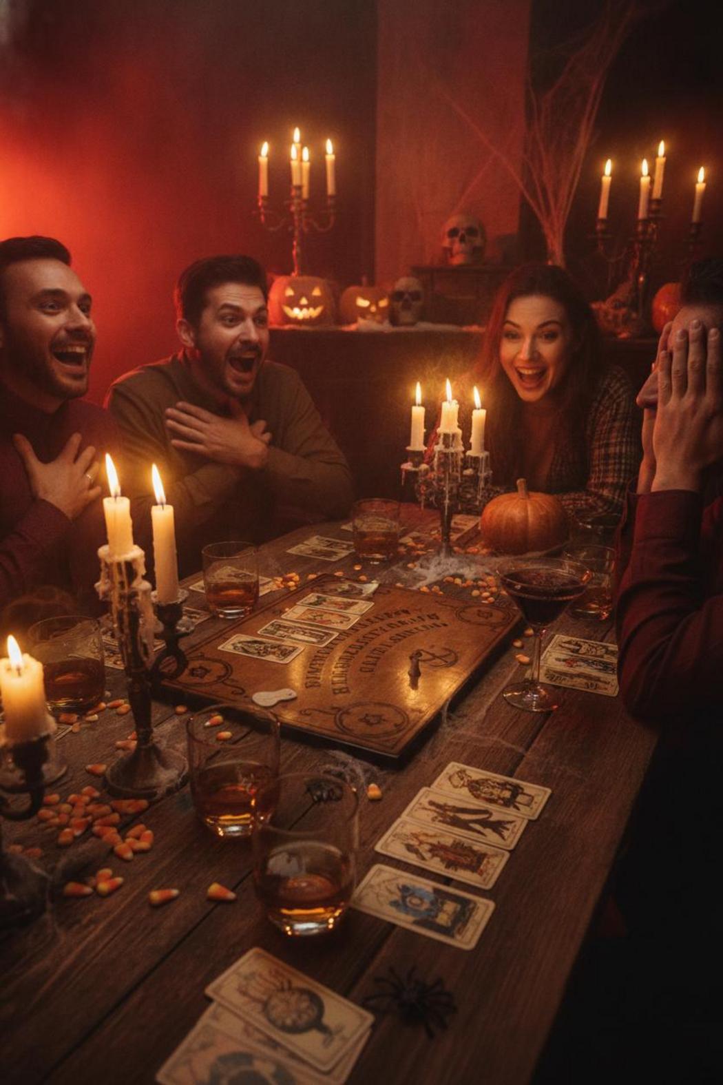 Adults enjoying halloween party ideas for adults around candlelit table with tarot cards, ouija board, and cocktails