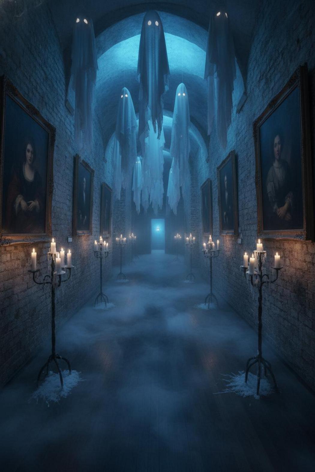 Haunted corridor with fog, glowing candelabras and ghost decorations — halloween party ideas for adults