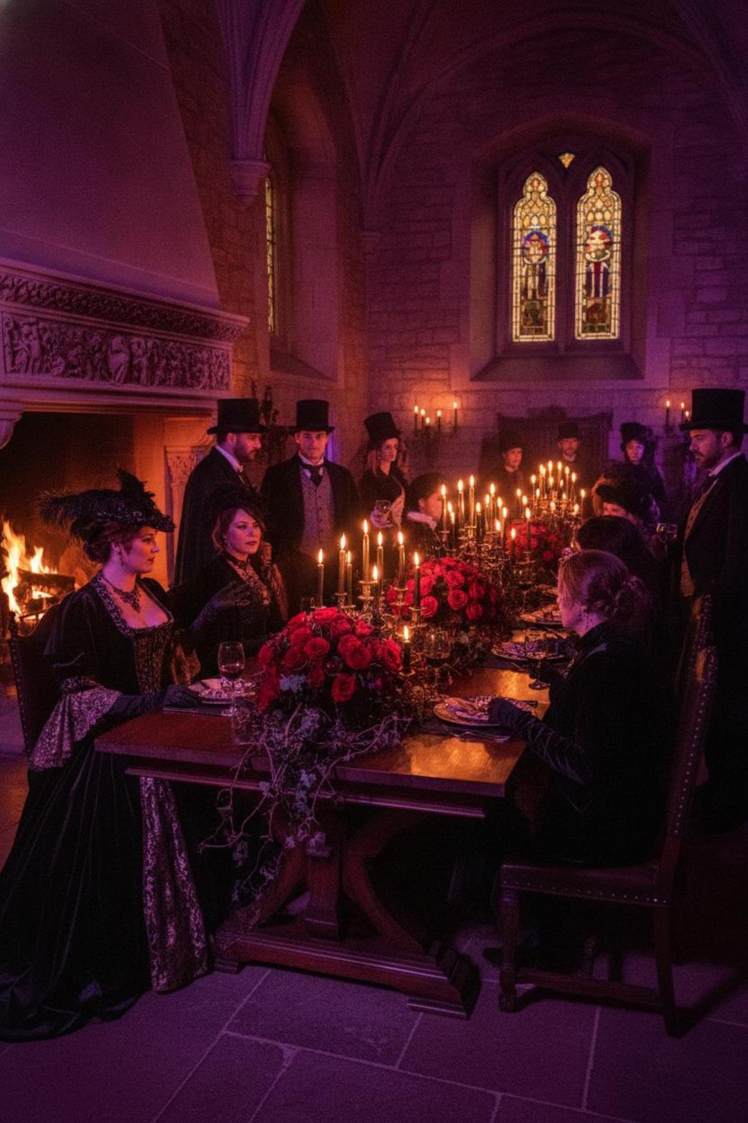 Elegant adults in gothic Victorian costumes at candlelit manor dinner — moody halloween party ideas for adults