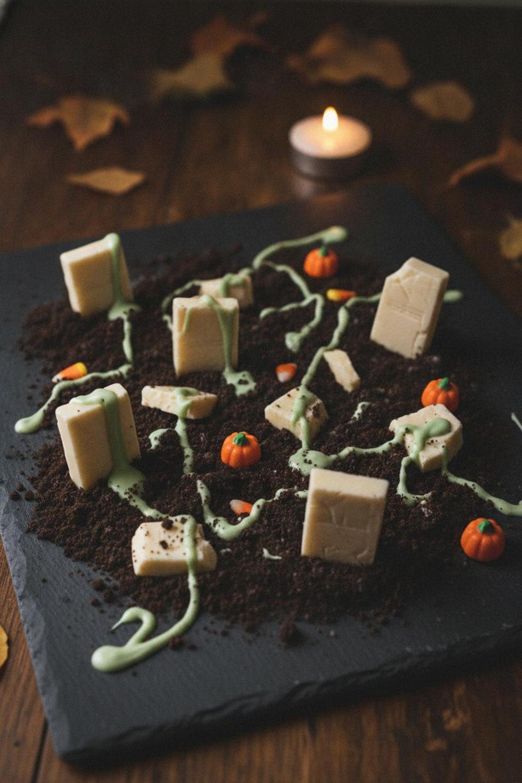 Halloween candy bark graveyard on slate board with Oreo dirt, white chocolate tombstones, and candy pumpkins—easy Halloween candy bark recipe idea.