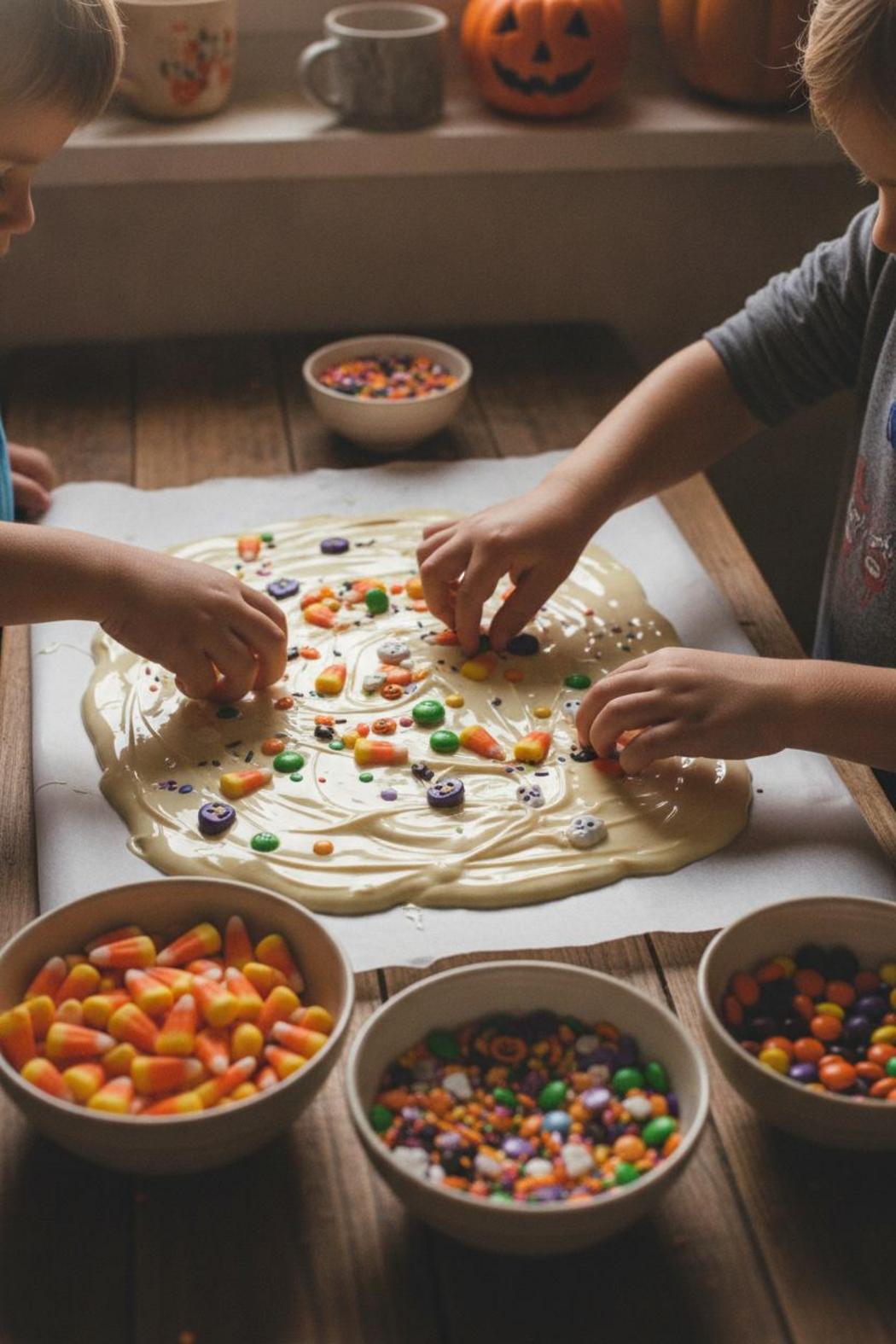 Kids decorating easy Halloween candy bark recipes with sprinkles and candy corn on parchment paper