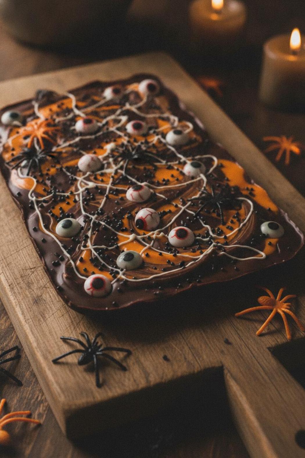 Halloween candy bark with orange chocolate, candy eyeballs, spider web drizzle, and black sprinkles — easy halloween candy bark recipes idea