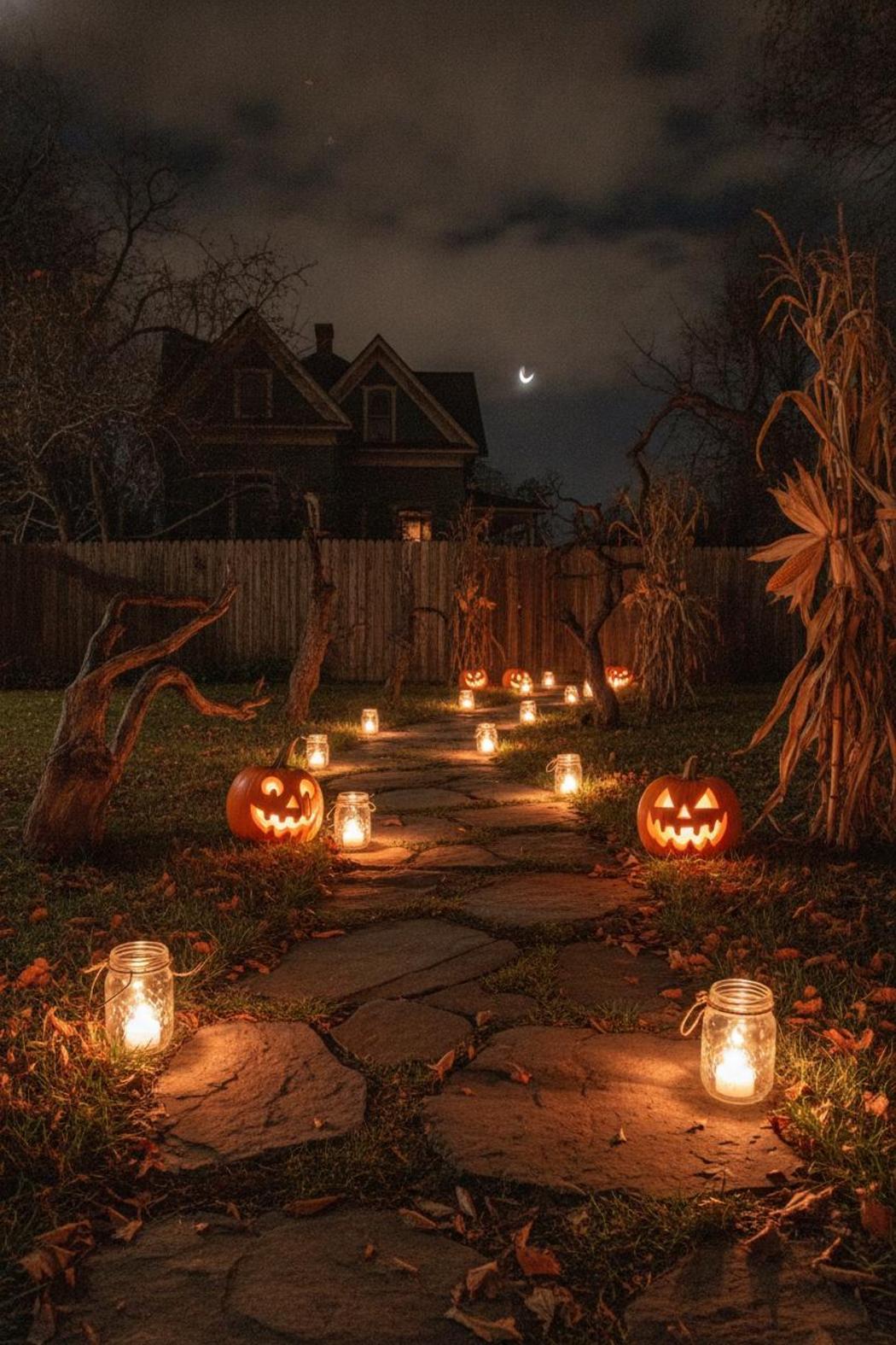 DIY Halloween decorations for outside: glowing mason jar lanterns and carved pumpkins lining a winding front yard pathway at night