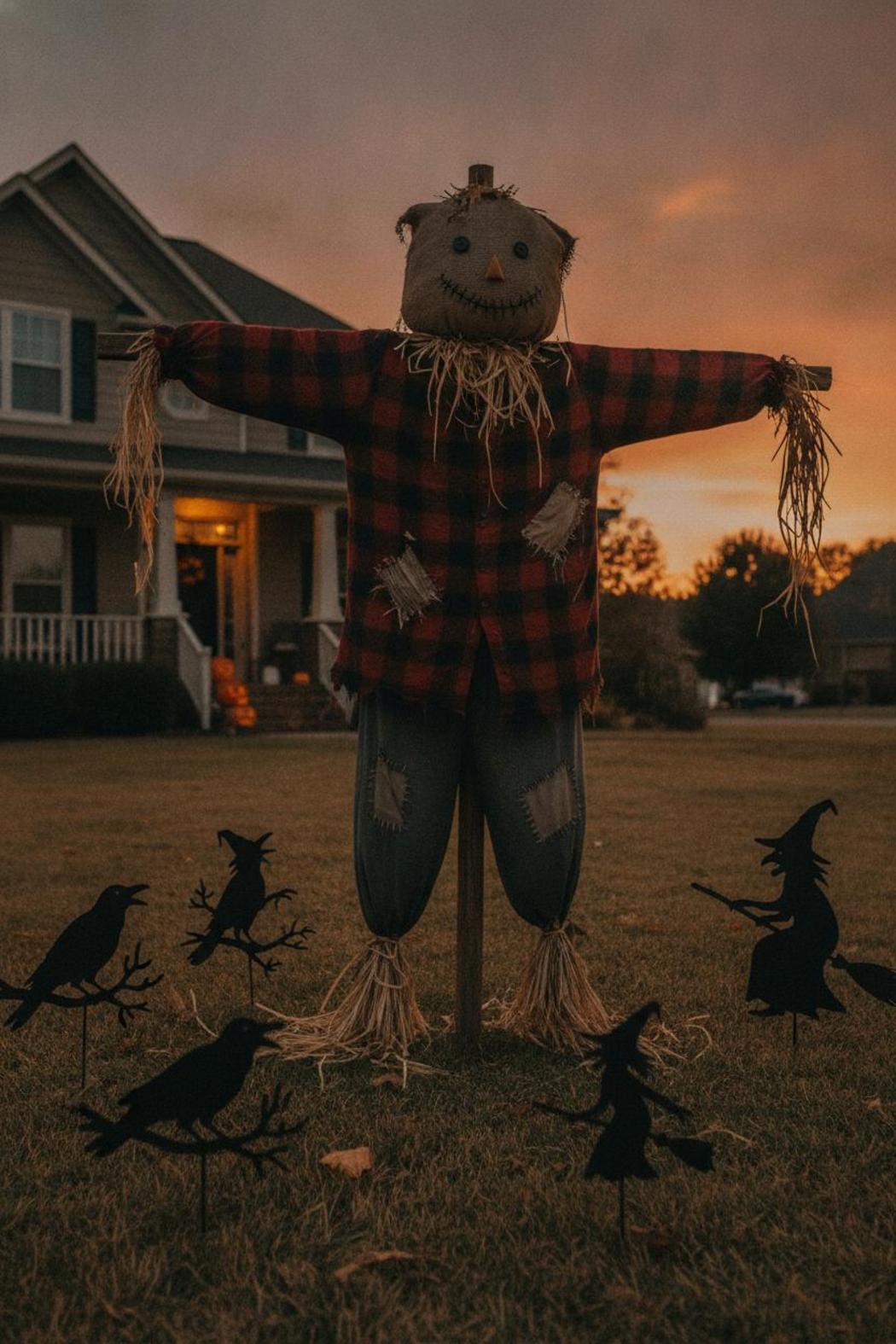 Handmade scarecrow with raven and witch silhouette stakes — spooky DIY Halloween decorations for outside at twilight