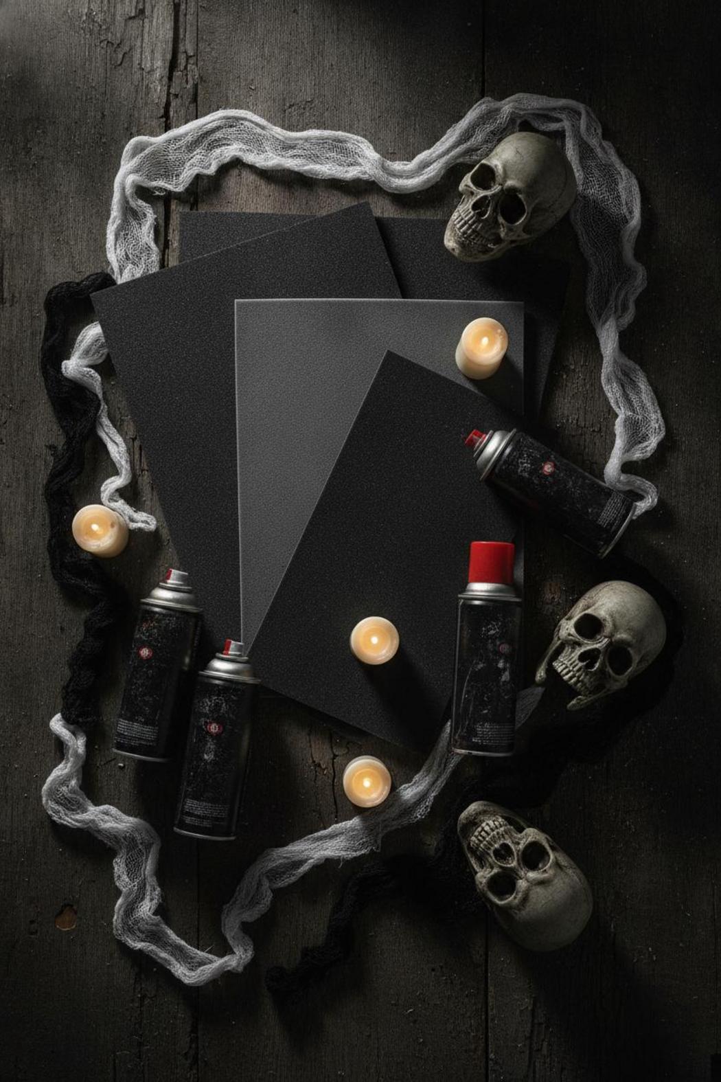 DIY Halloween decorations for outside materials: foam sheets, spray paint, skulls, cheesecloth on rustic wood