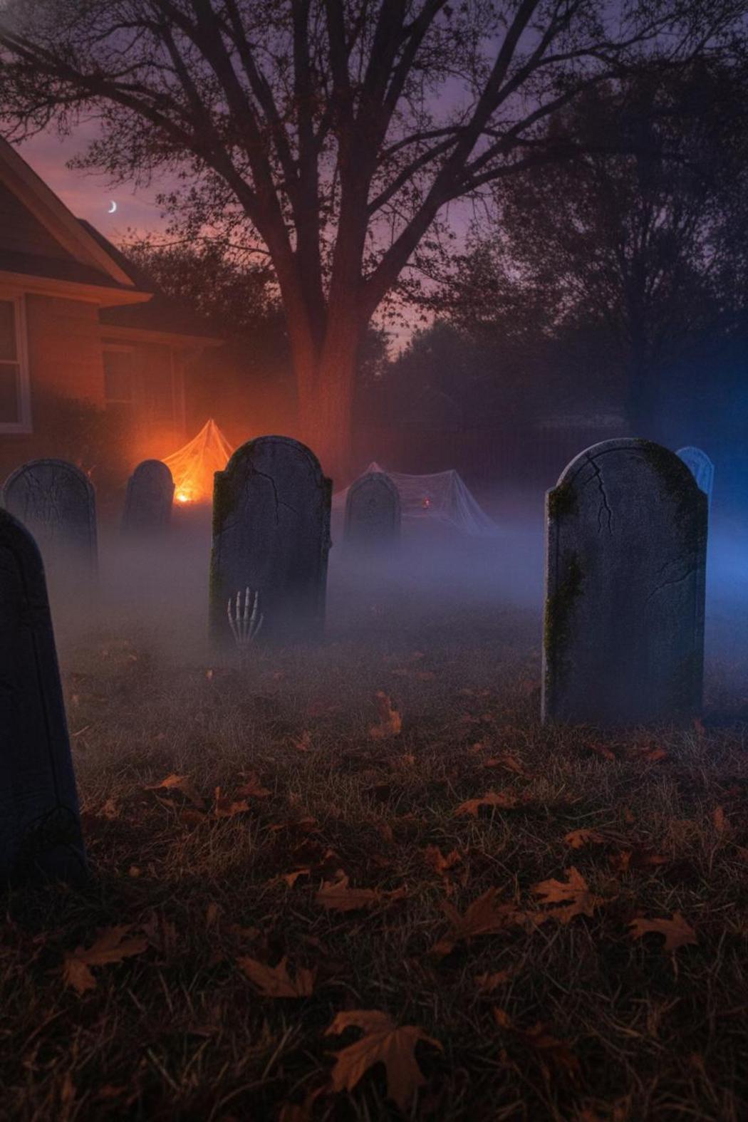 Front yard DIY Halloween decorations for outside: foggy graveyard with foam tombstones, dead grass, and fallen leaves at dusk
