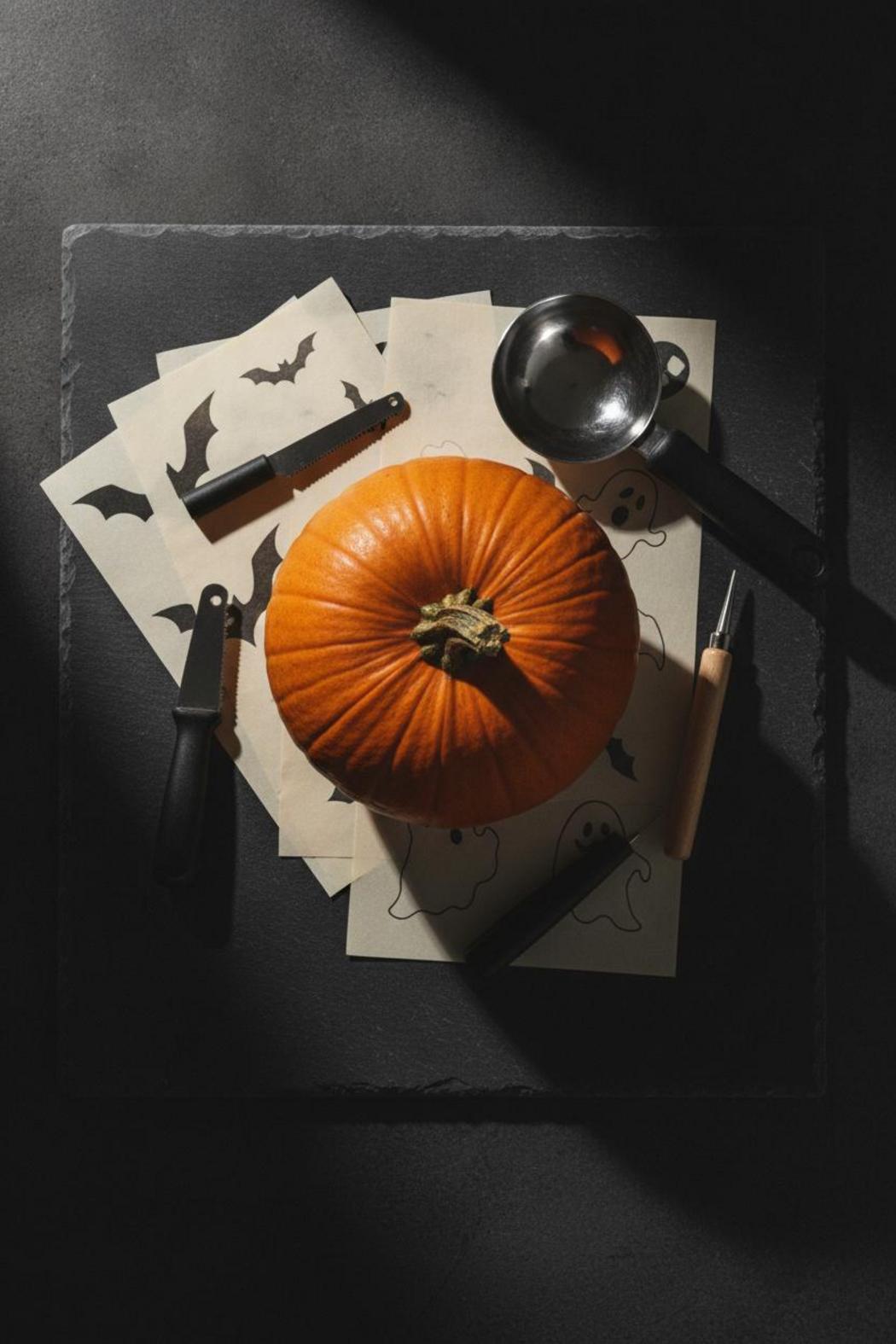 Pumpkin carving toolkit with serrated saw, scoop, stencils, and sugar pumpkin for easy pumpkin carving ideas for beginners