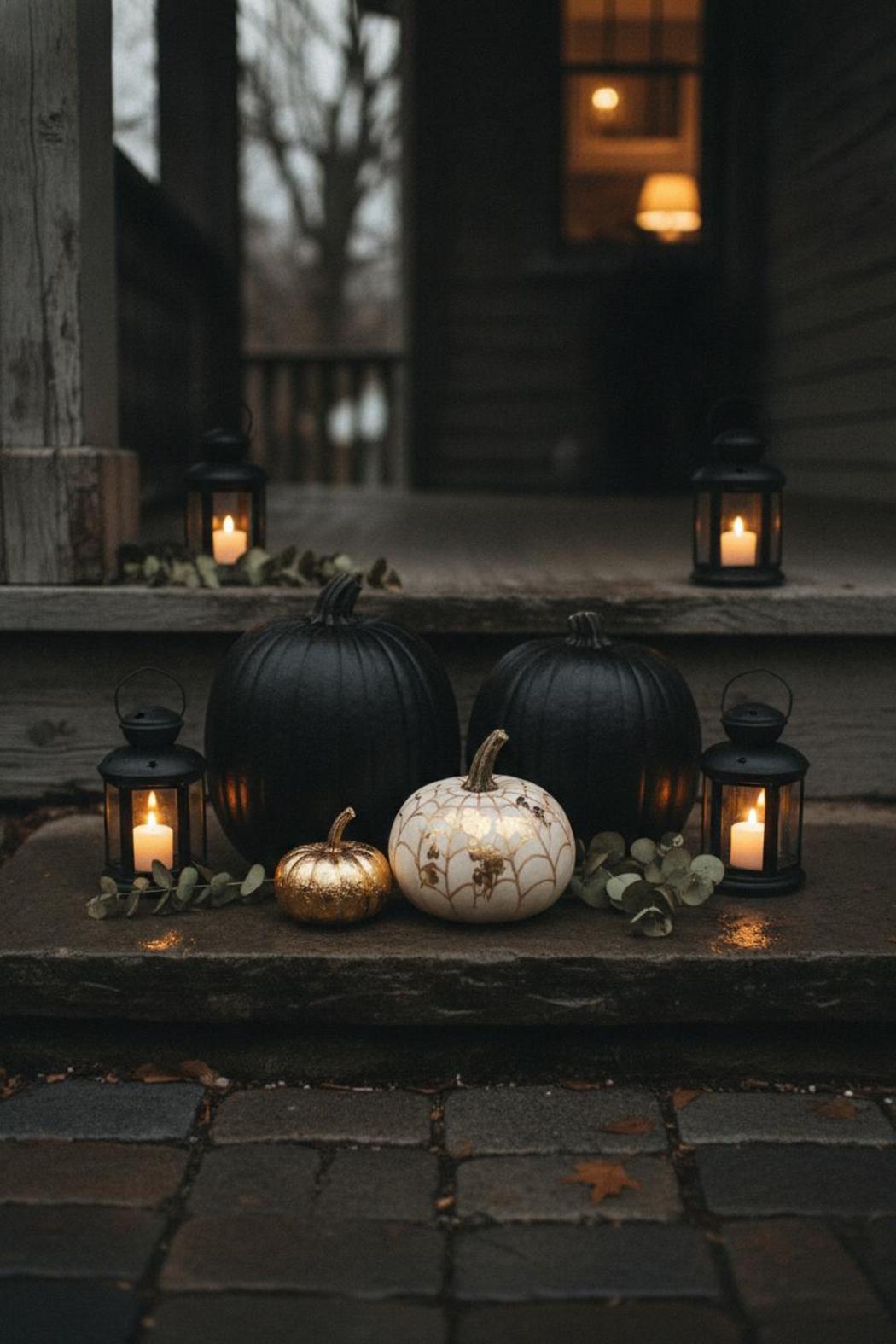 Elegant no-carve Halloween porch display with matte black, spiderweb-etched, and gold leaf pumpkinsβeasy pumpkin carving ideas for beginners