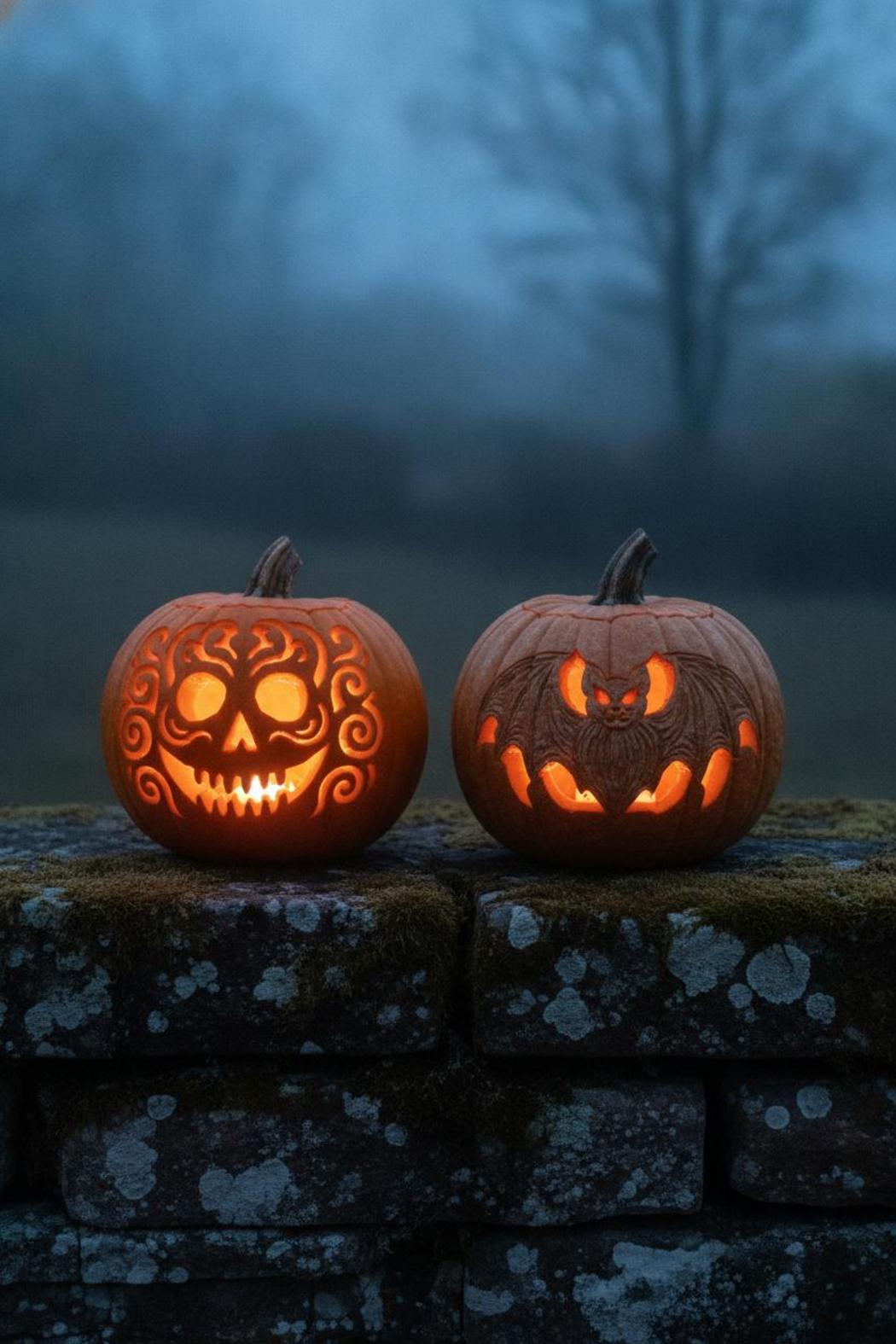 Two carved Halloween pumpkins on mossy stone wall in fog β easy pumpkin carving ideas for beginners showing fresh vs. aged results