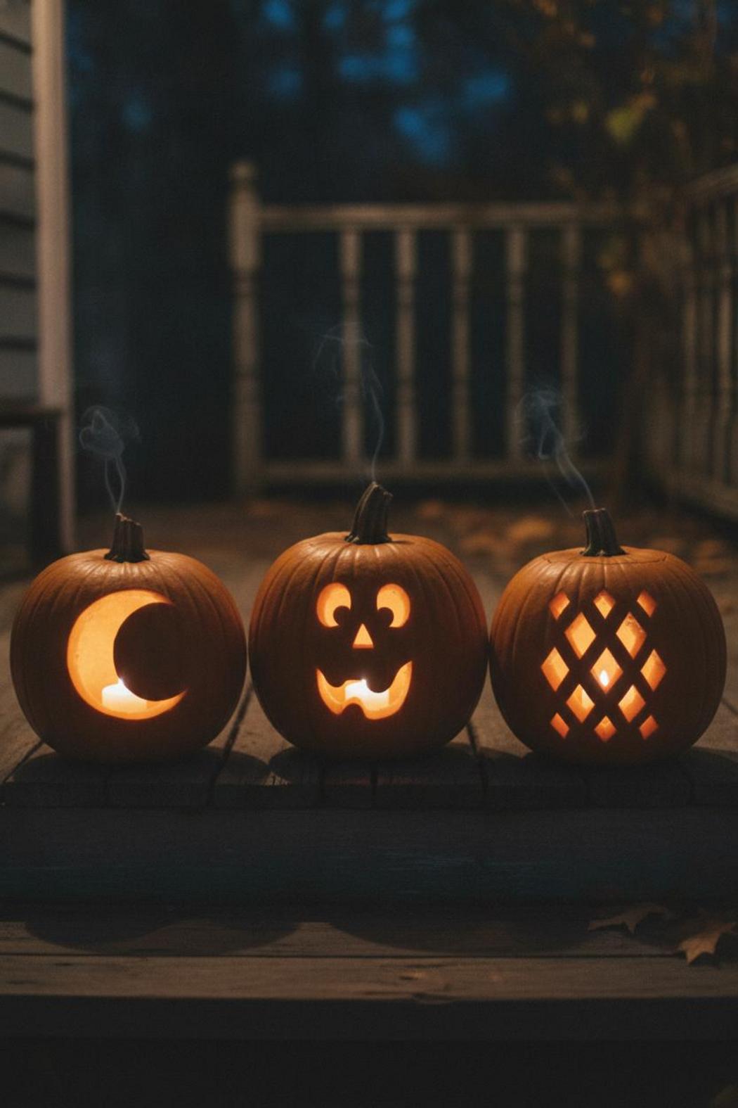 Three glowing carved pumpkins on farmhouse porch steps at night β easy pumpkin carving ideas for beginners with moon, ghost, and diamond designs.